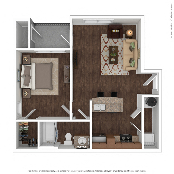 Floor plan for 1 bed, 1 bath, 674 sqft